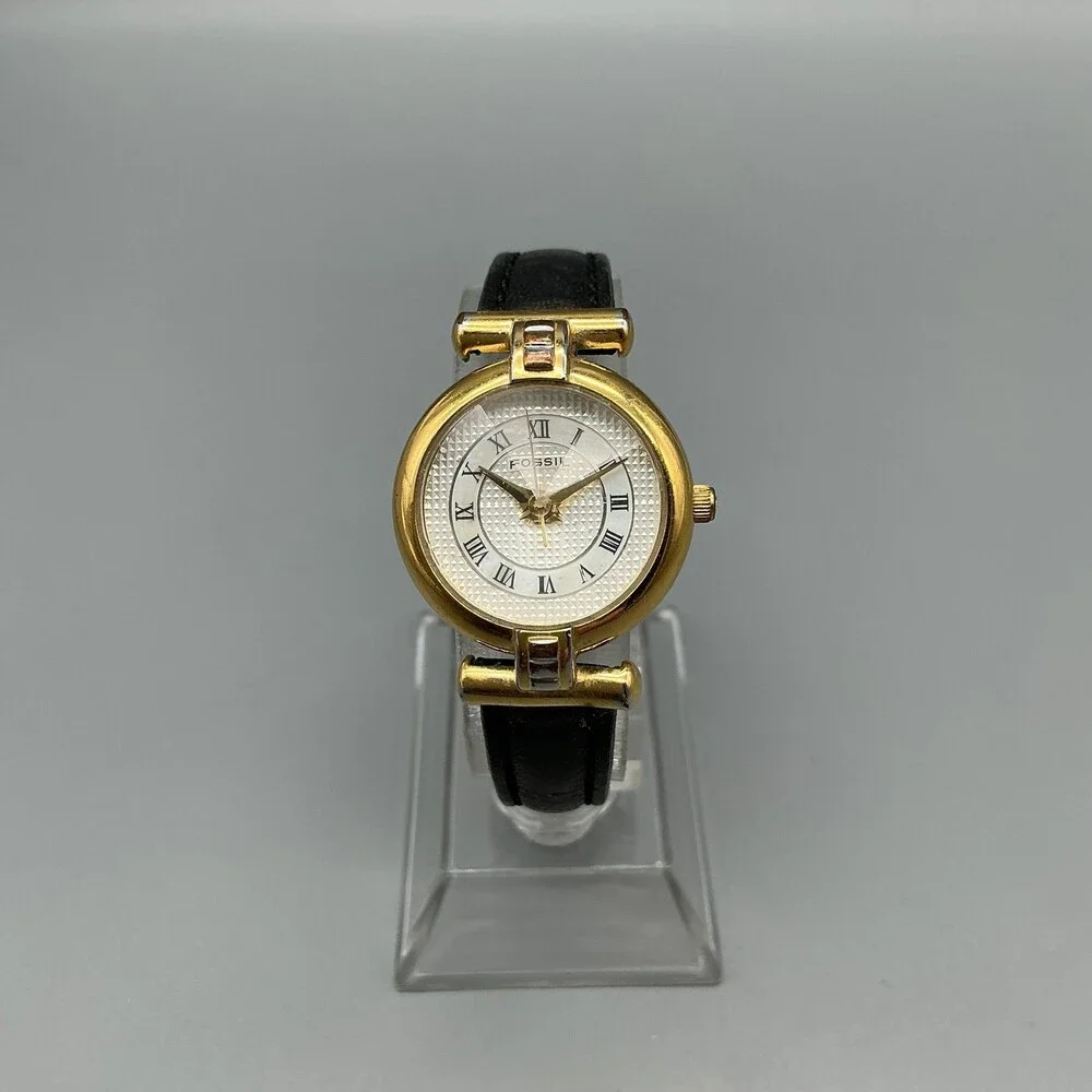 Vintage Fossil Womens Watch 24mm Gold Tone Black Leather PC-9275 New Battery